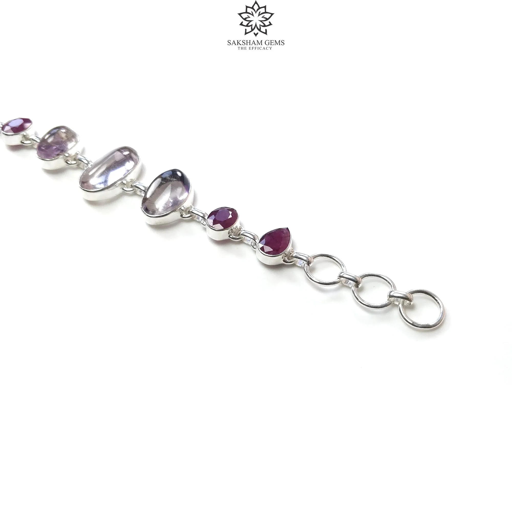 925 Sterling Silver Bracelet : Natural Purple AMETHYST & Glass Filled RED RUBY Gemstones Rhodium Plated Bezel Set Braclet 8"