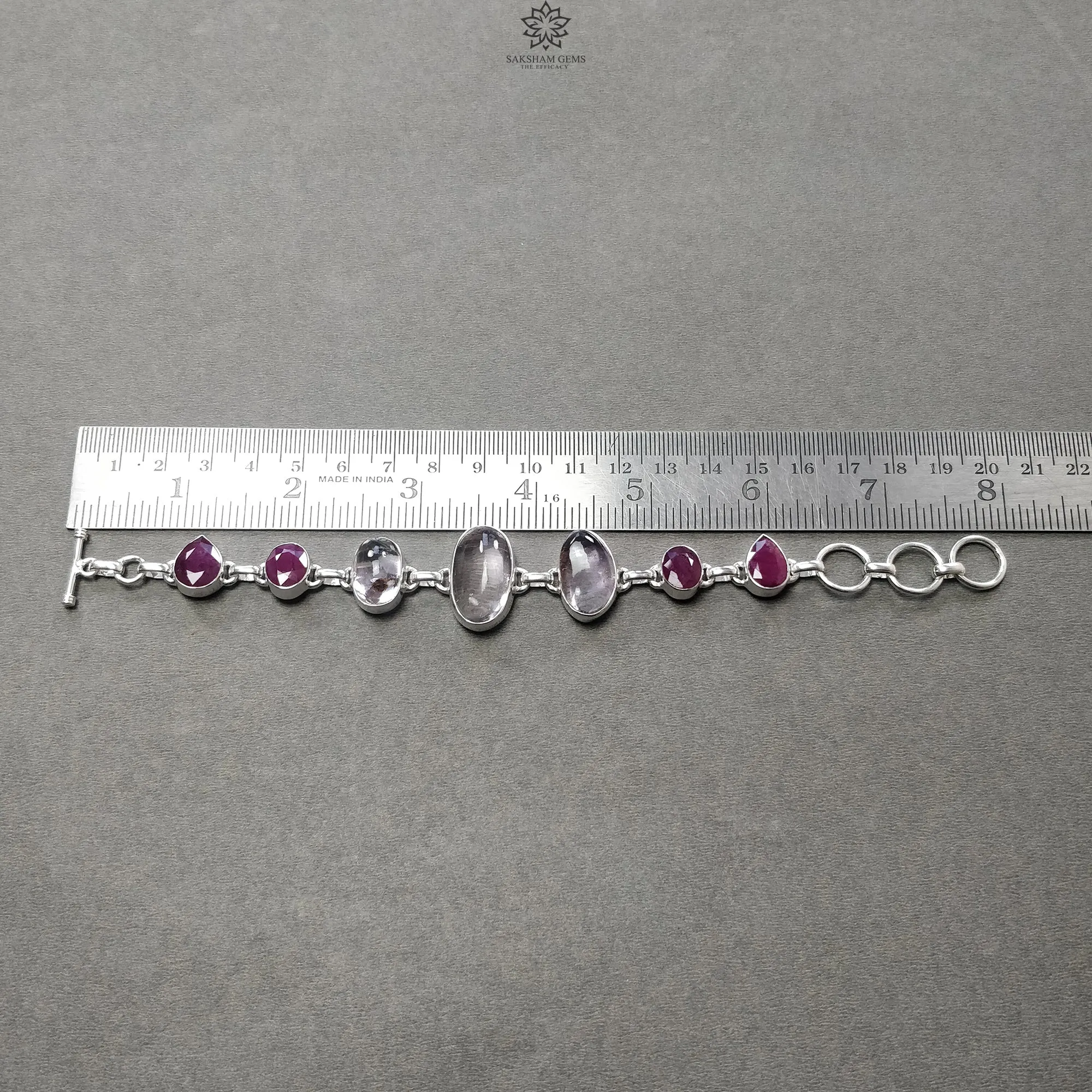 925 Sterling Silver Bracelet : Natural Purple AMETHYST & Glass Filled RED RUBY Gemstones Rhodium Plated Bezel Set Braclet 8"