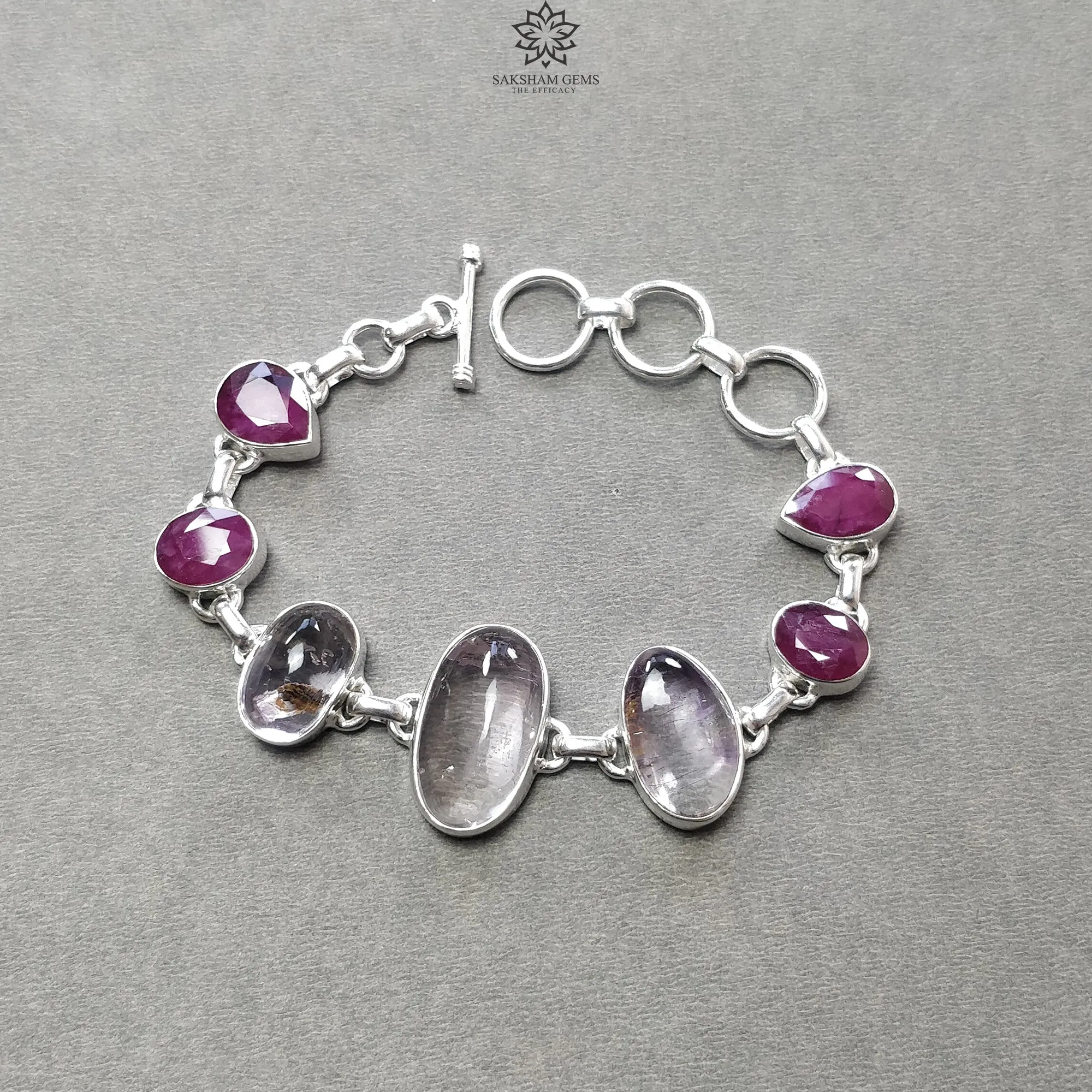 925 Sterling Silver Bracelet : Natural Purple AMETHYST & Glass Filled RED RUBY Gemstones Rhodium Plated Bezel Set Braclet 8"