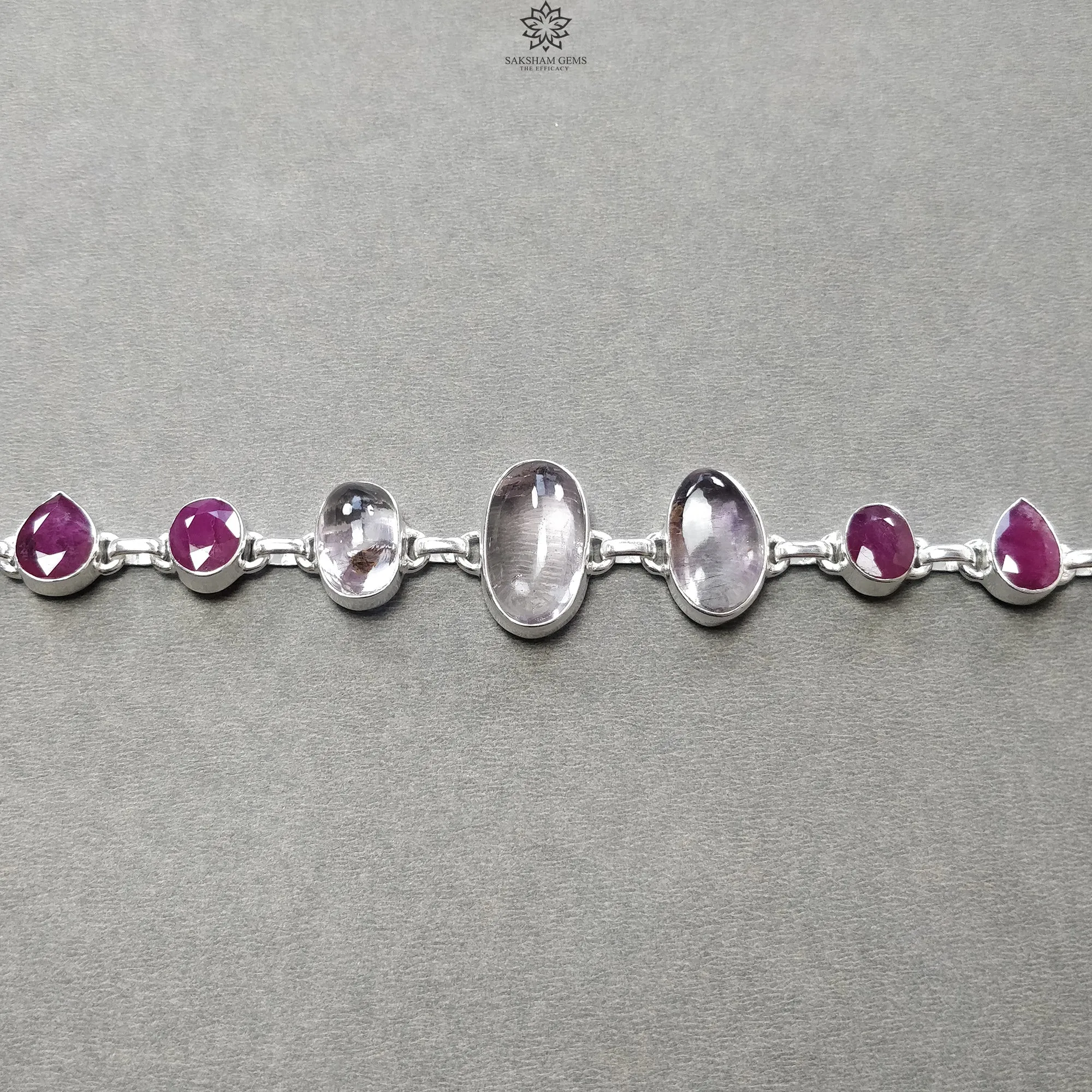 925 Sterling Silver Bracelet : Natural Purple AMETHYST & Glass Filled RED RUBY Gemstones Rhodium Plated Bezel Set Braclet 8"