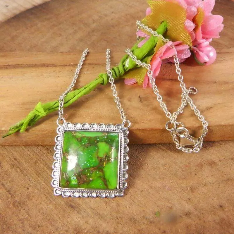 925 Sterling Silver Green Copper Turquoise Long Chain Necklace - Square Green Stone - Handmade Jewelry