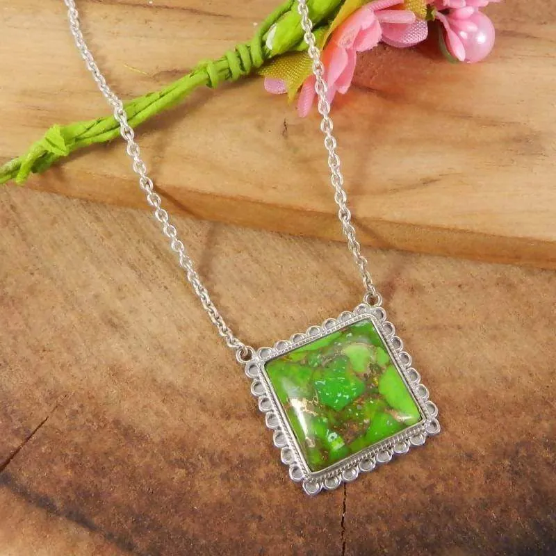 925 Sterling Silver Green Copper Turquoise Long Chain Necklace - Square Green Stone - Handmade Jewelry