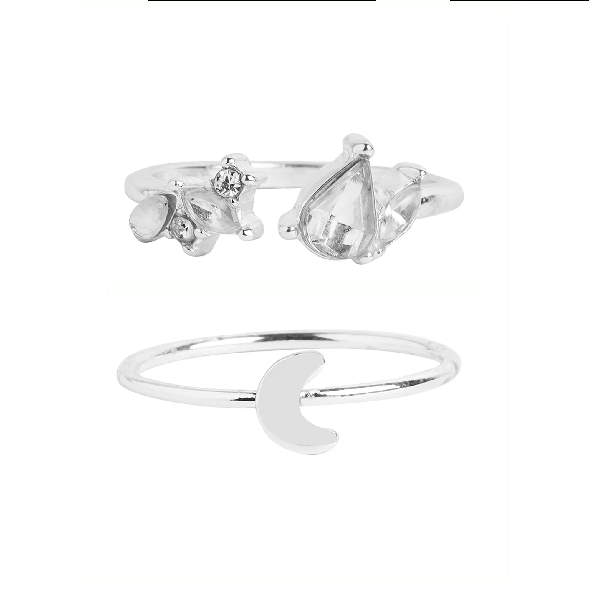 Accessorize London Women's Silver Moon Crystal Rings Pack of 2 - Small