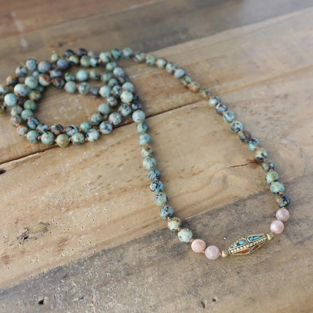 African Turquoise and Sunstone Hand Knotted Mala Necklace