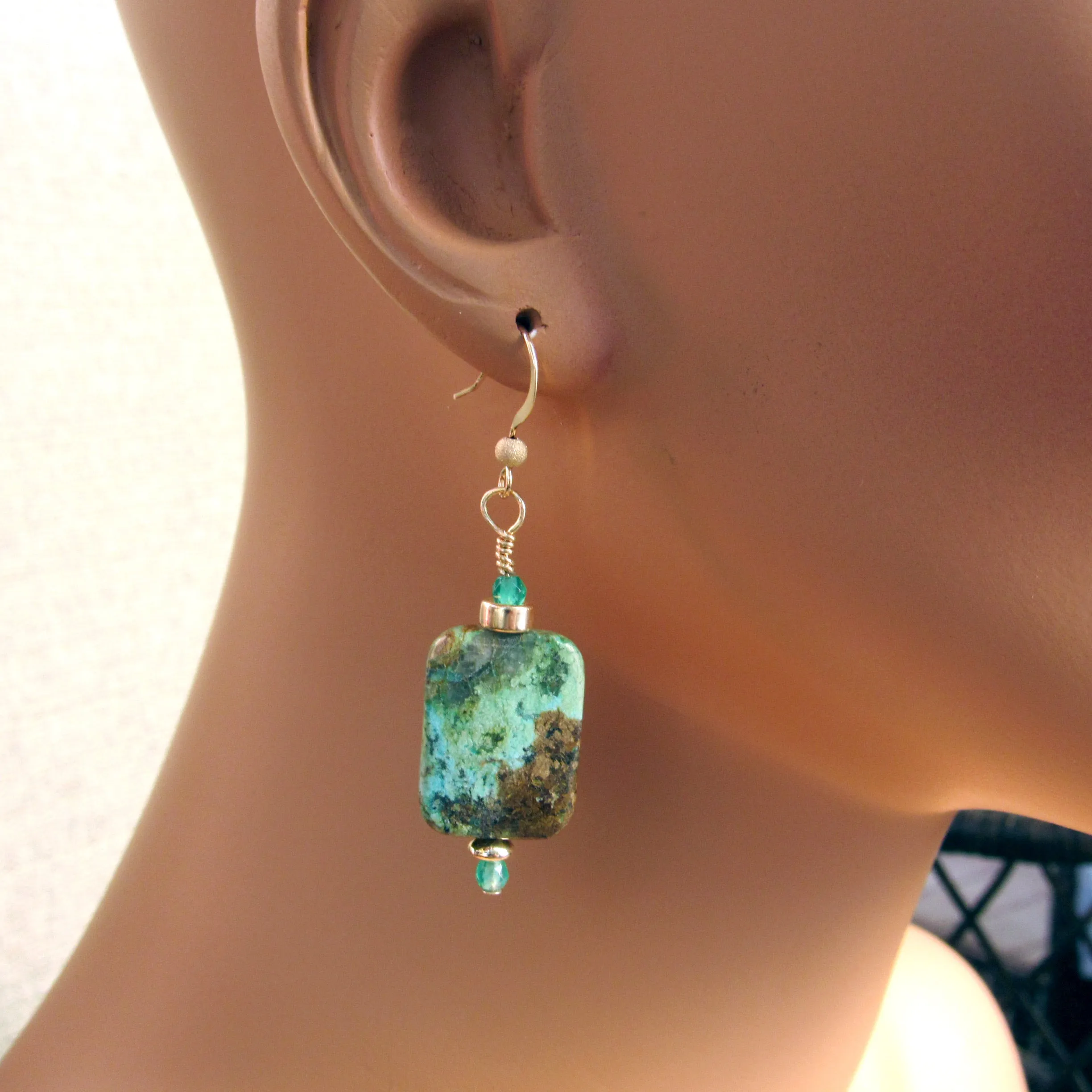 African Turquoise, Aventurine, and 14 kt gf Drop Earrings