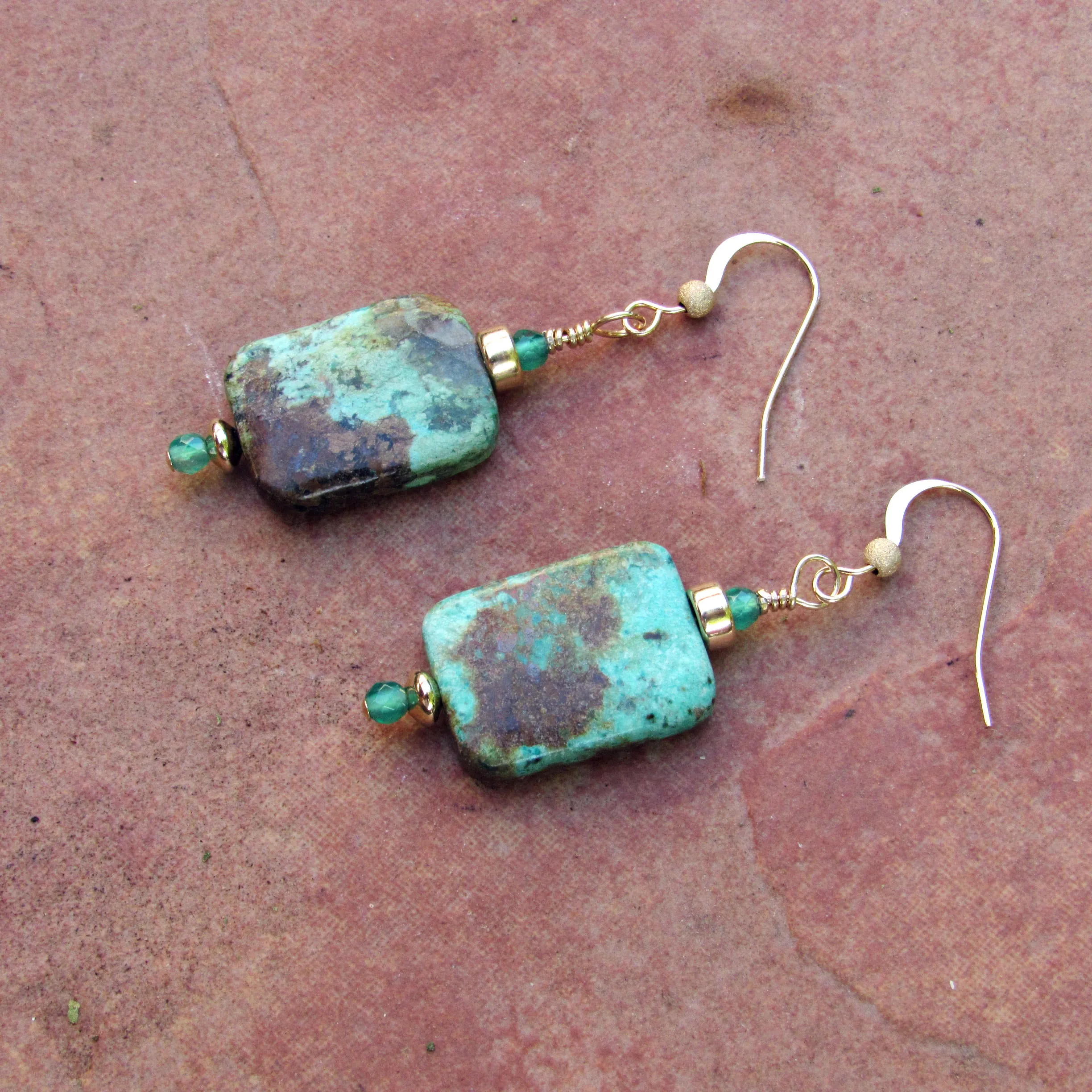 African Turquoise, Aventurine, and 14 kt gf Drop Earrings