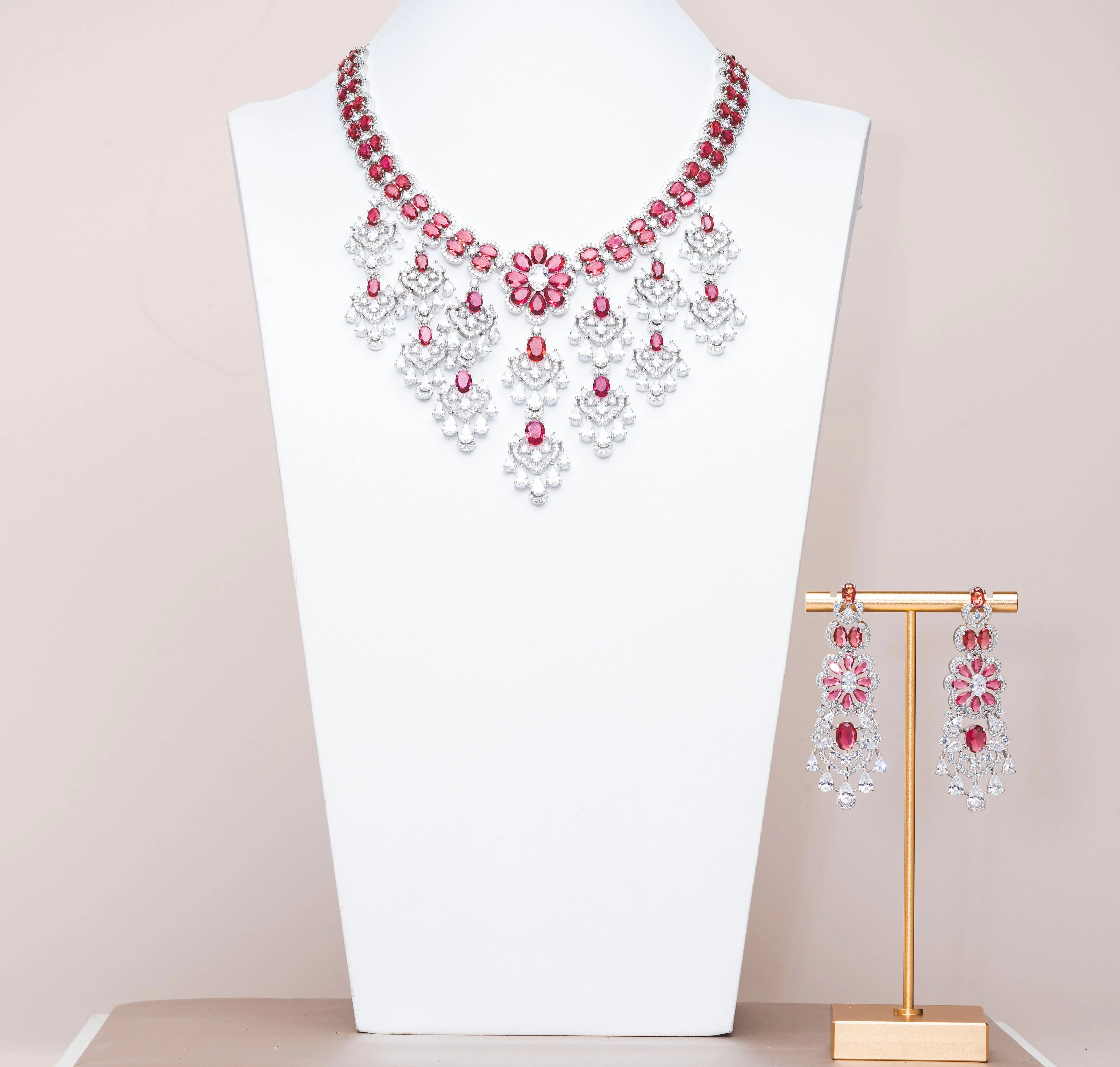 Aklera Ruby Red White Gold Luxury Necklace & Earring Set By Jaipur Rose Luxury Indian Jewelry Onli