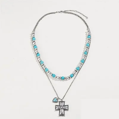 Artificial Turquoise Beaded Double-Layered Cross Necklace