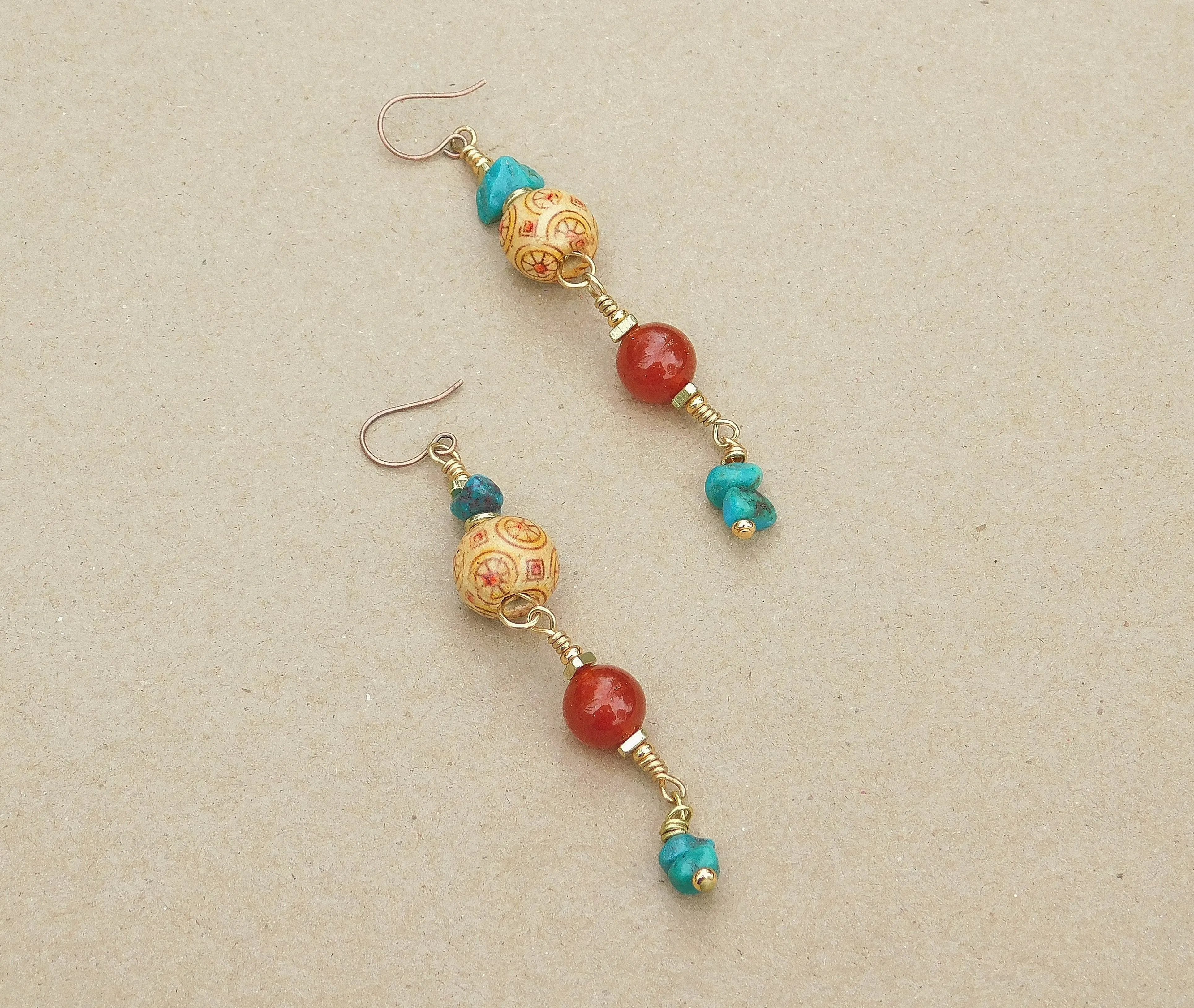 Beautiful Carnelian and Turquoise Dangling Earrings