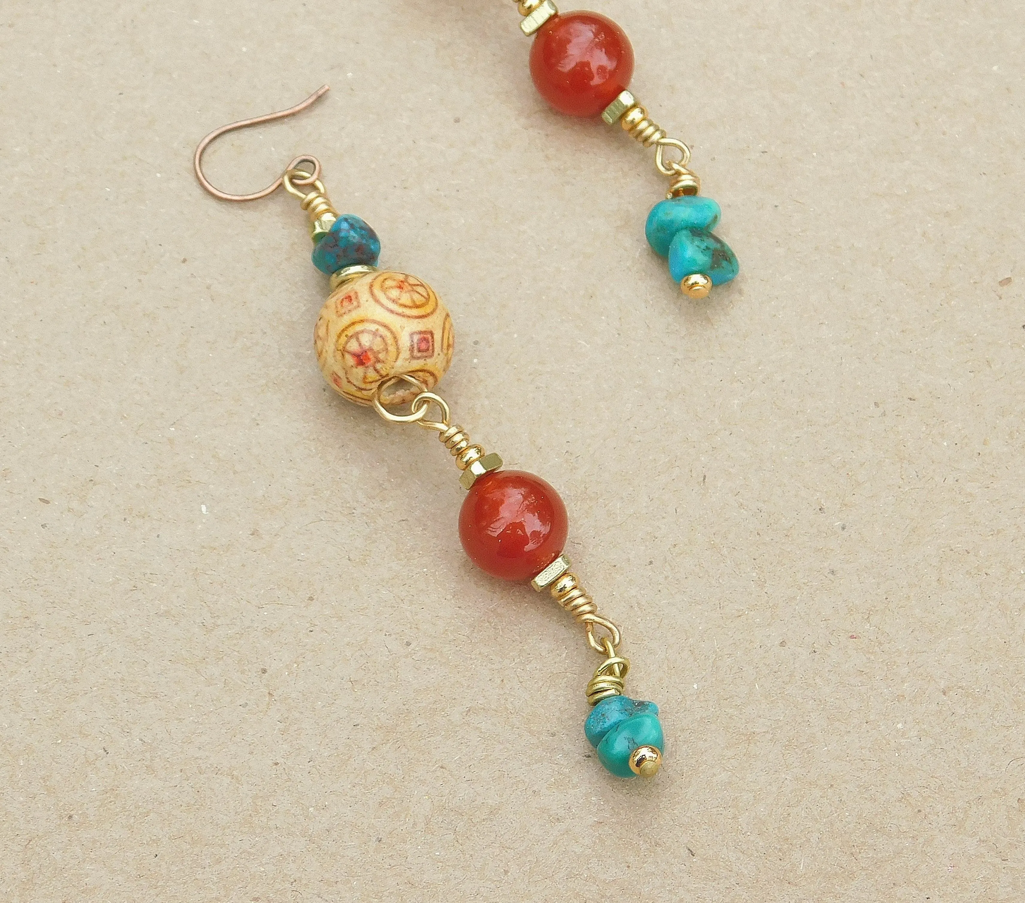 Beautiful Carnelian and Turquoise Dangling Earrings