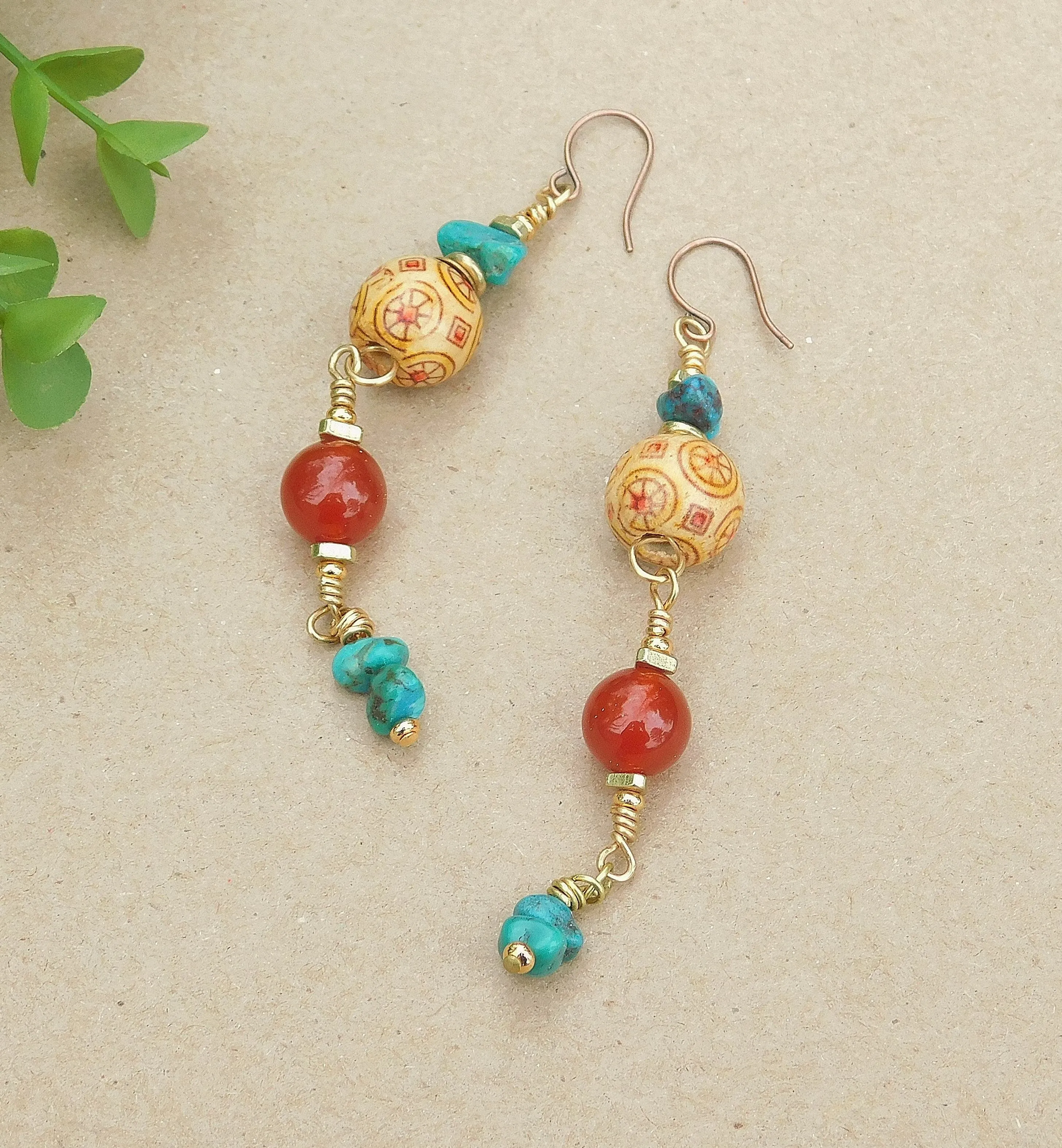 Beautiful Carnelian and Turquoise Dangling Earrings