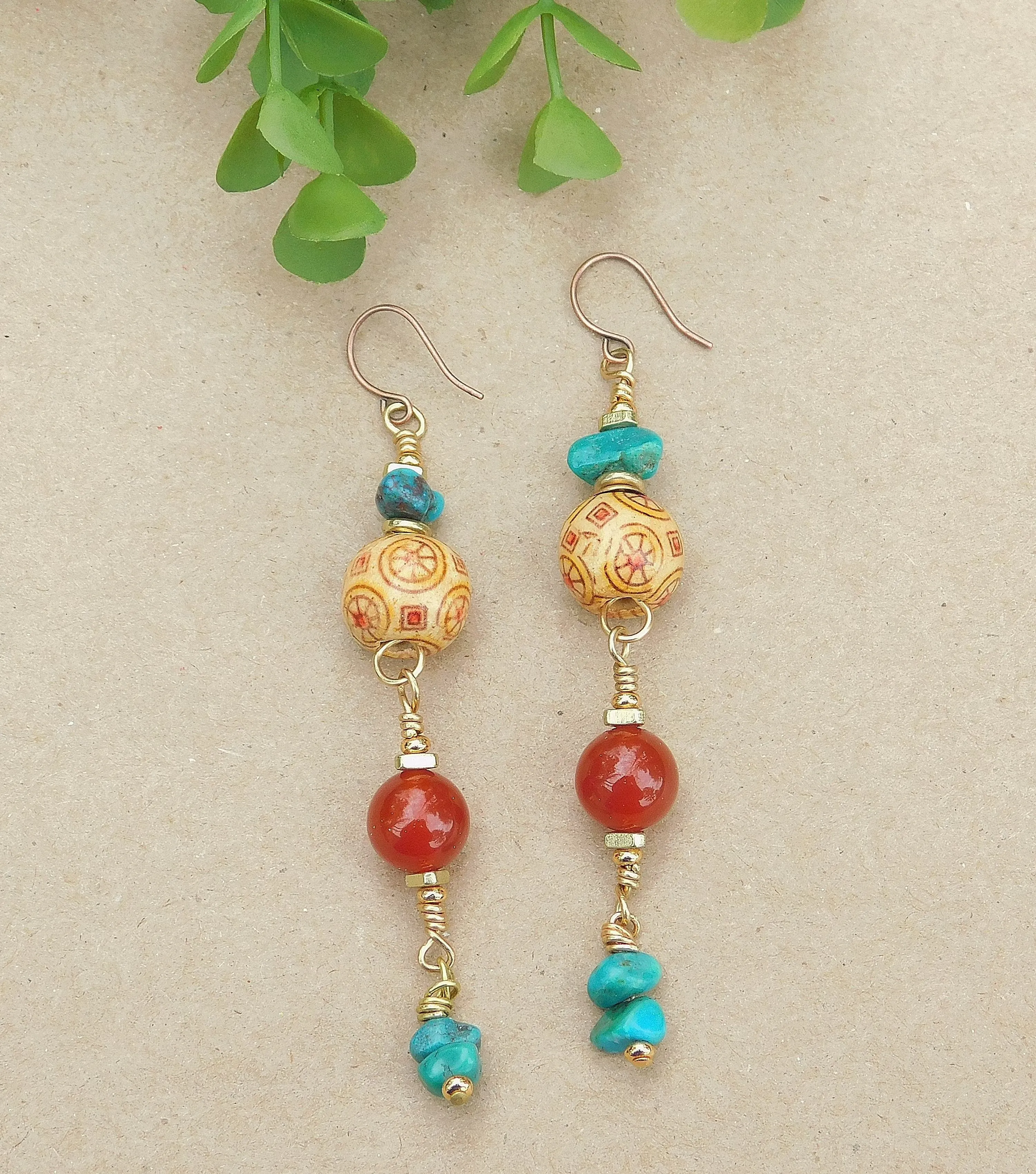 Beautiful Carnelian and Turquoise Dangling Earrings