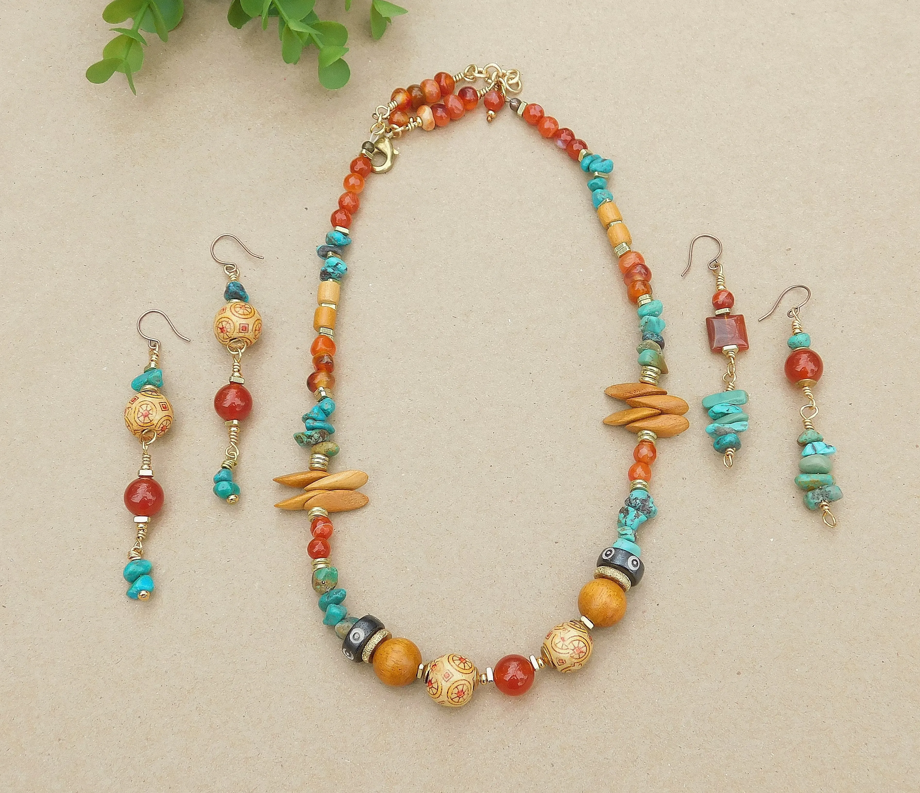 Beautiful Carnelian and Turquoise Dangling Earrings