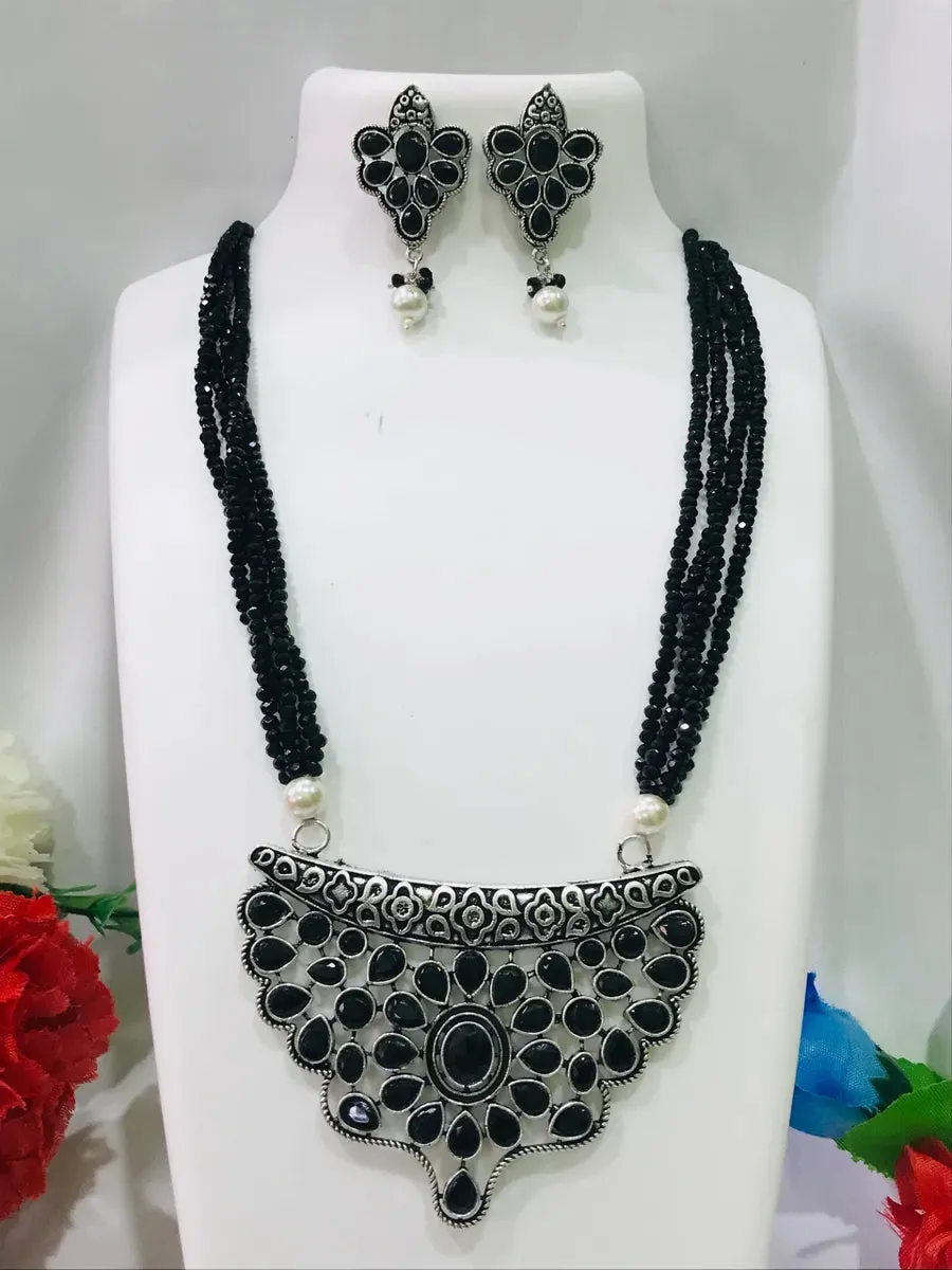 Beautiful Oxidized Multi Layer Pearls Long Chain With Earrings