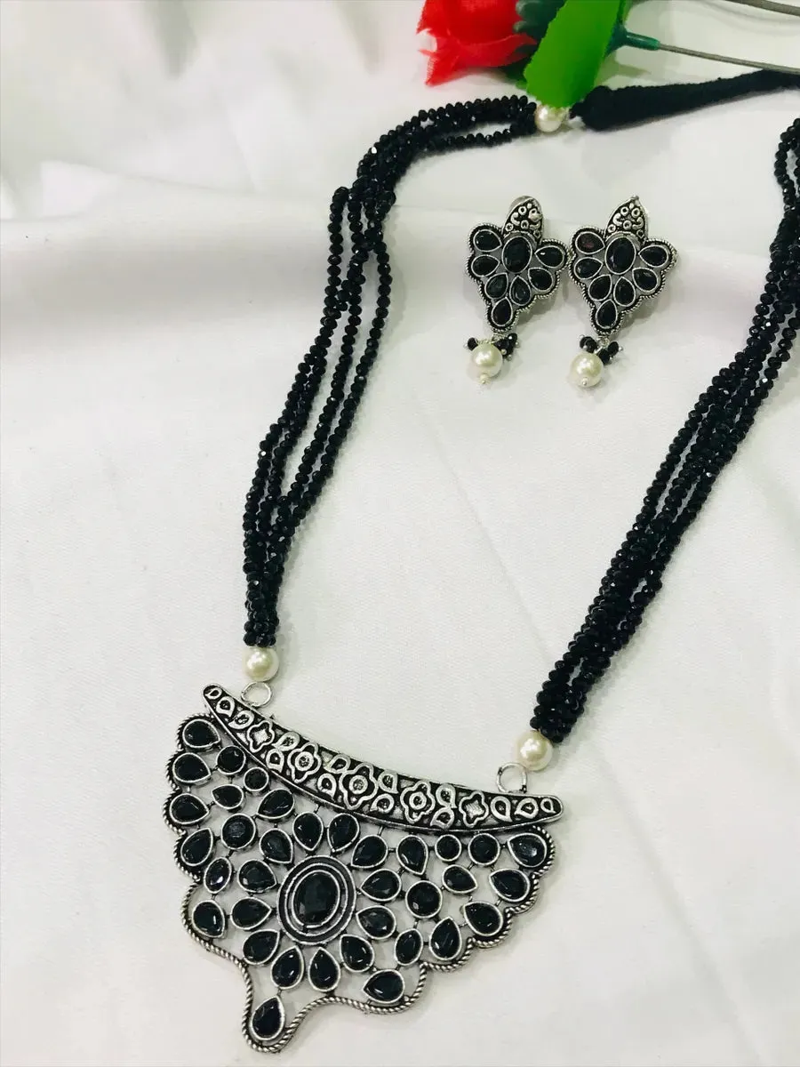 Beautiful Oxidized Multi Layer Pearls Long Chain With Earrings