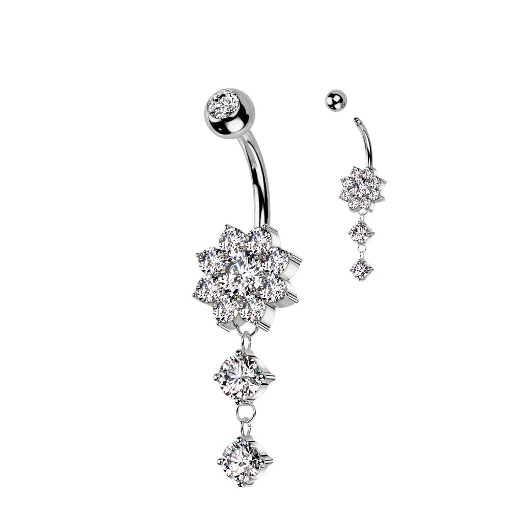 Belly Ring - Double Flower Cubic Zirconia - Silver