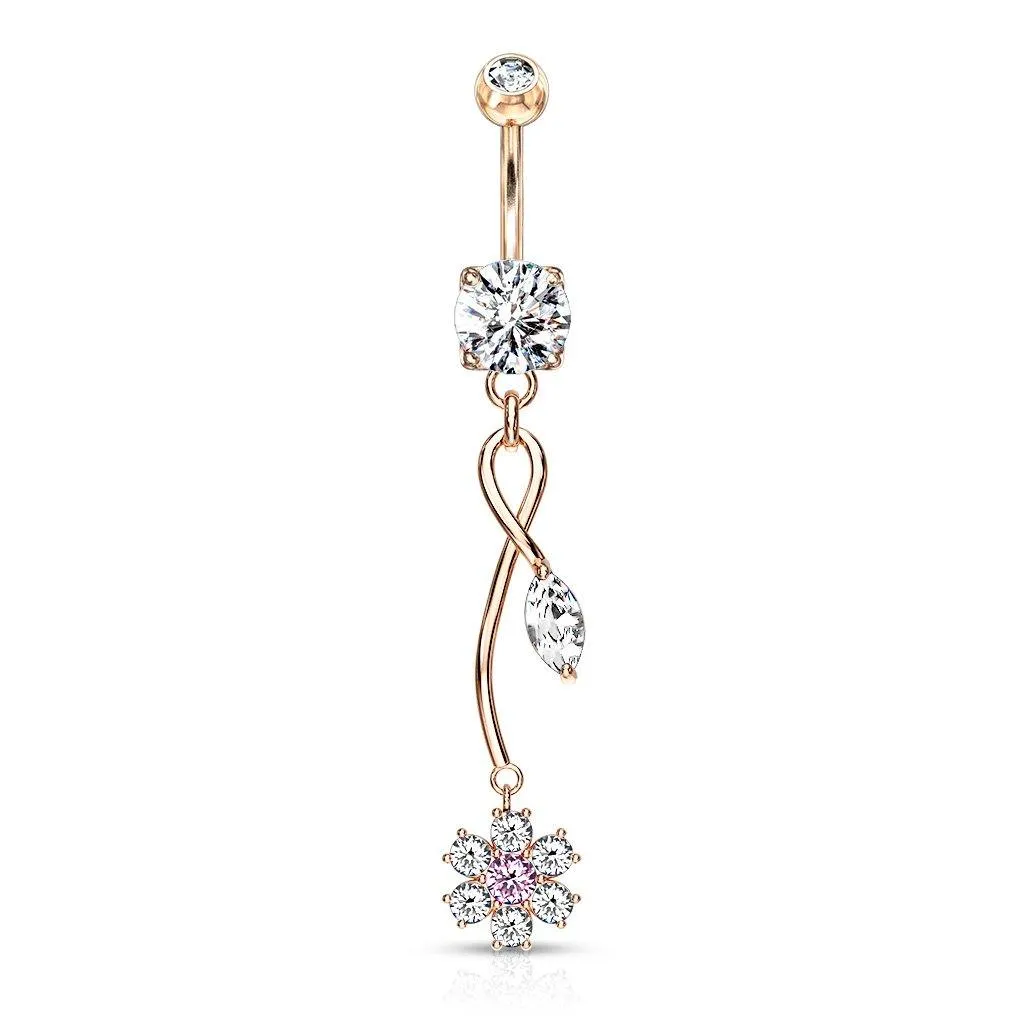 Belly Ring - Flower Cubic Zirconia Pink Center