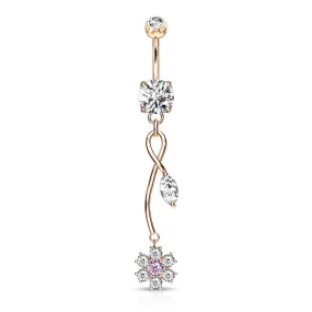 Belly Ring - Flower Cubic Zirconia Pink Center