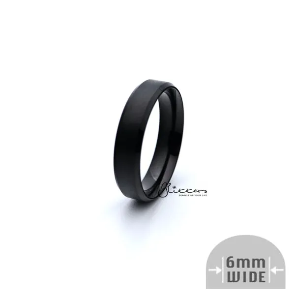 Black Titanium Ion-Plated Stainless Steel 6mm Wide Beveled Edge Band Rings