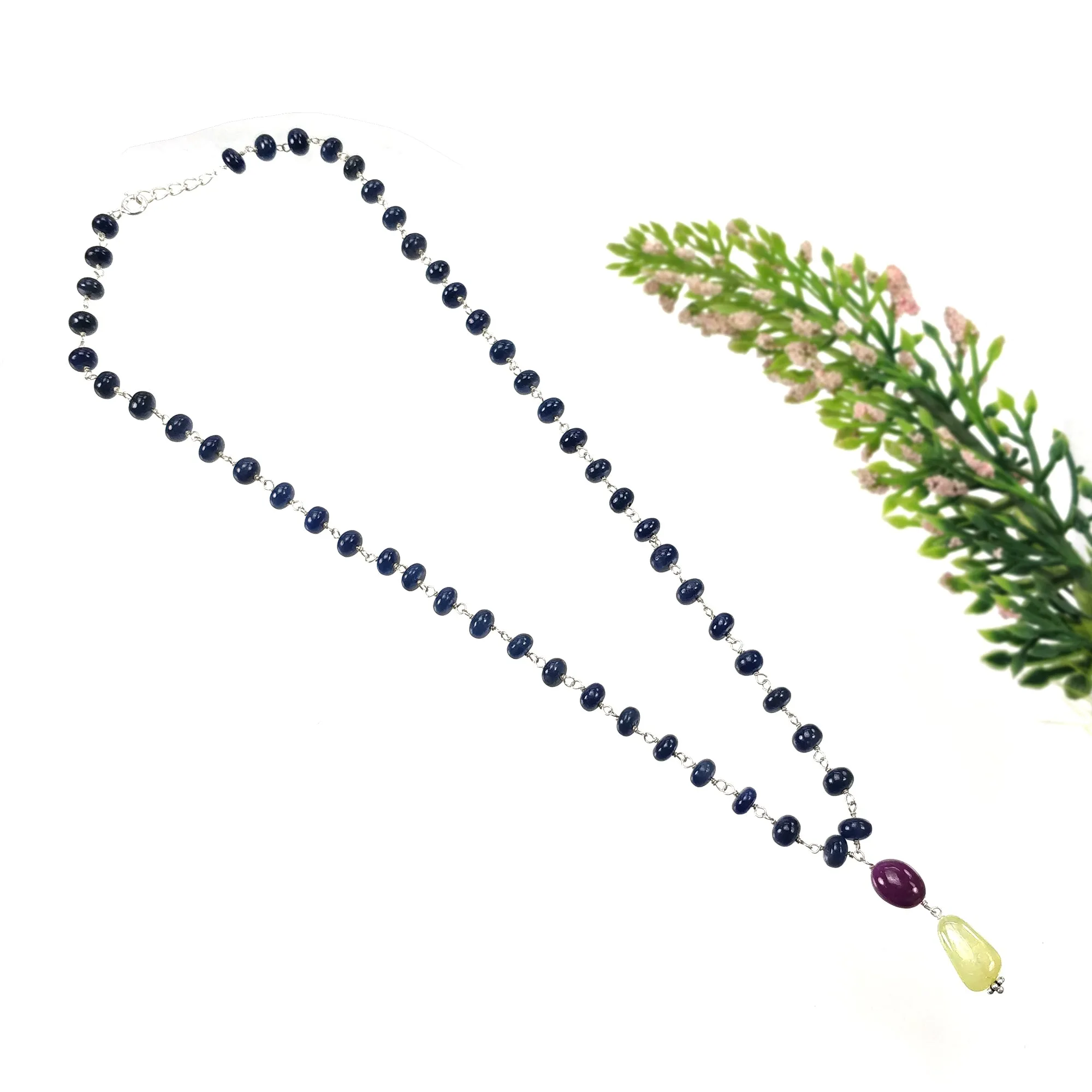 Blue SAPPHIRE RUBY & Cat's Eye Gemstone NECKLACE : 109.45cts Natural Round Plain Beads Sapphire With 925 Sterling Silver 6mm - 14*9mm 22"