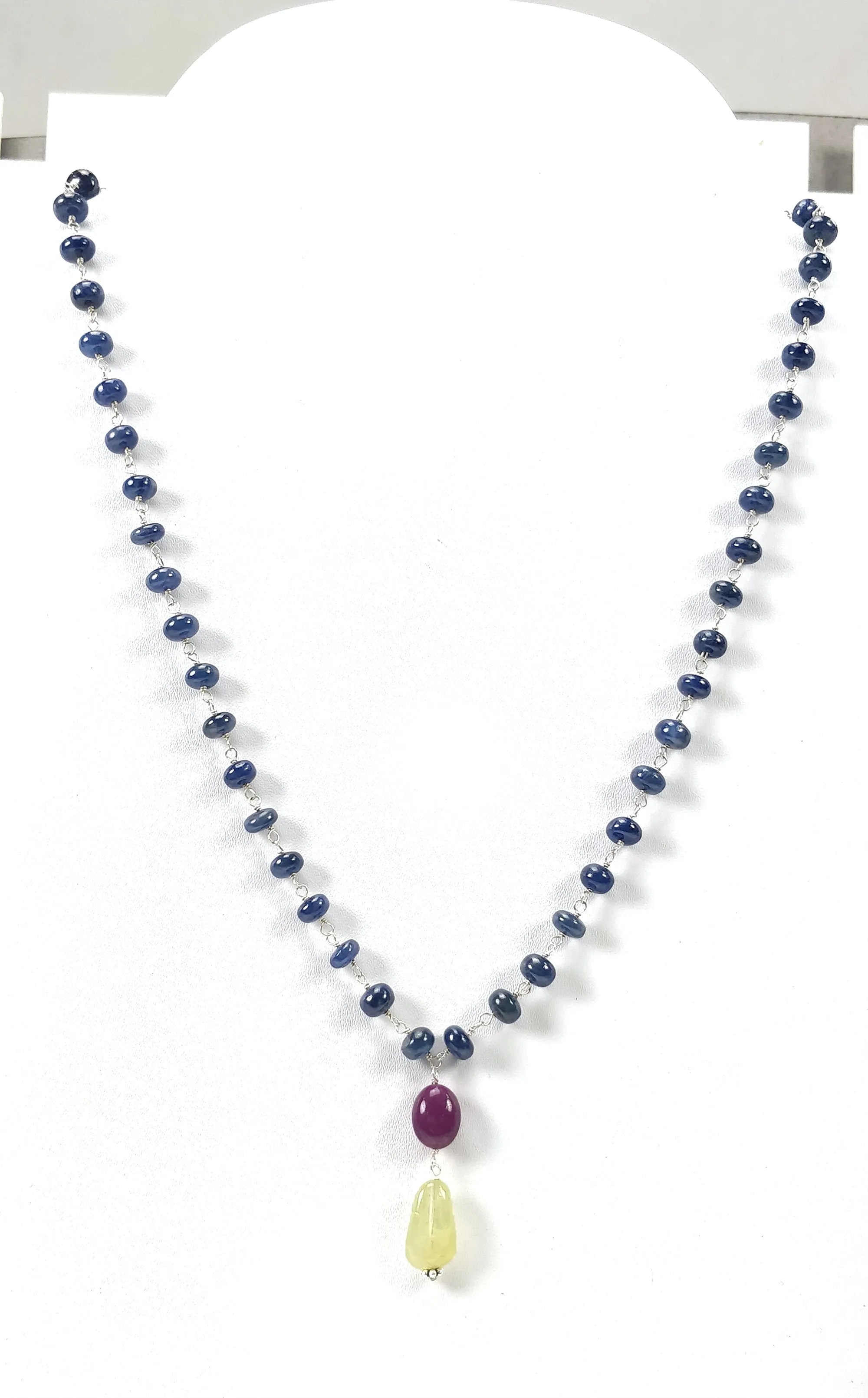 Blue SAPPHIRE RUBY & Cat's Eye Gemstone NECKLACE : 109.45cts Natural Round Plain Beads Sapphire With 925 Sterling Silver 6mm - 14*9mm 22"