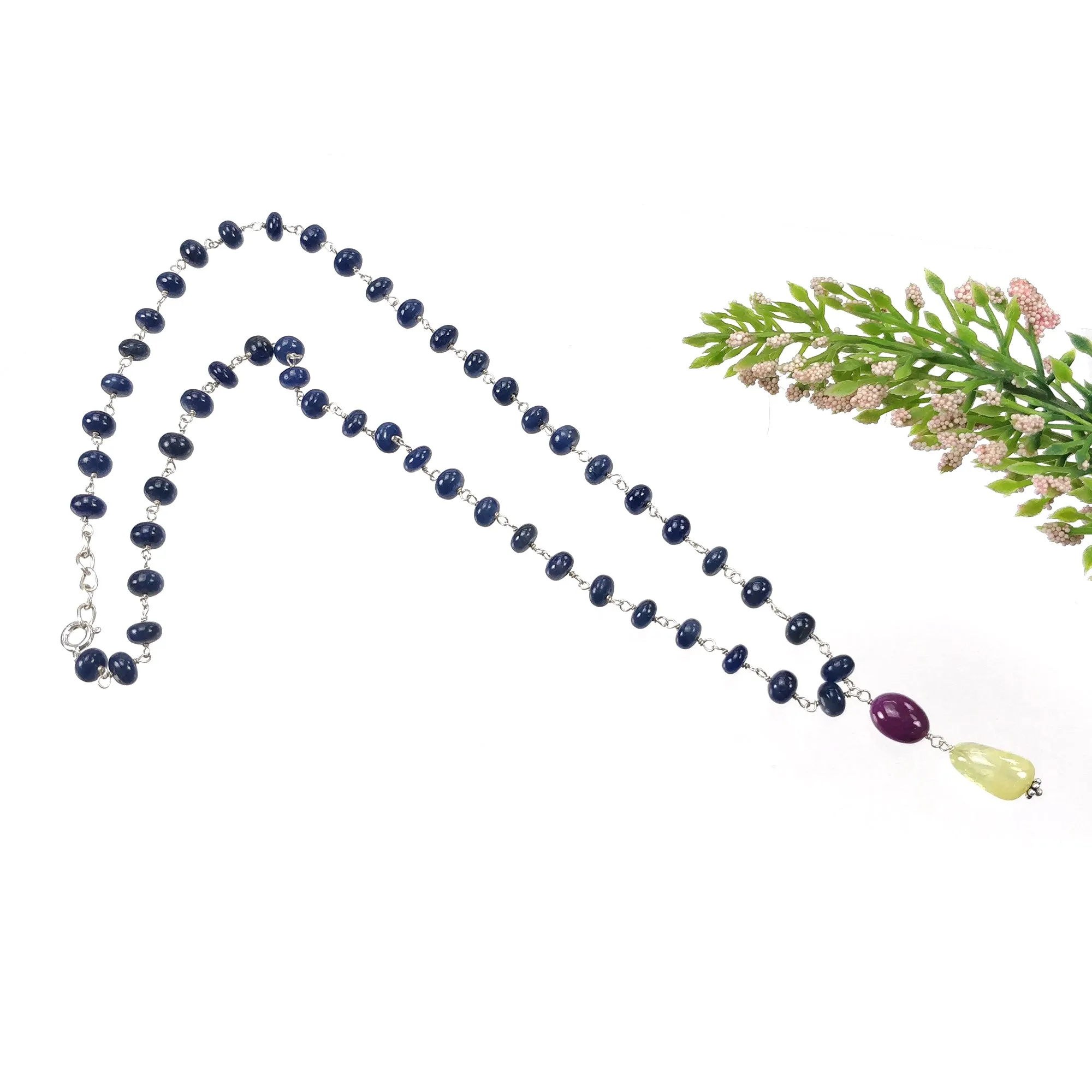 Blue SAPPHIRE RUBY & Cat's Eye Gemstone NECKLACE : 109.45cts Natural Round Plain Beads Sapphire With 925 Sterling Silver 6mm - 14*9mm 22"