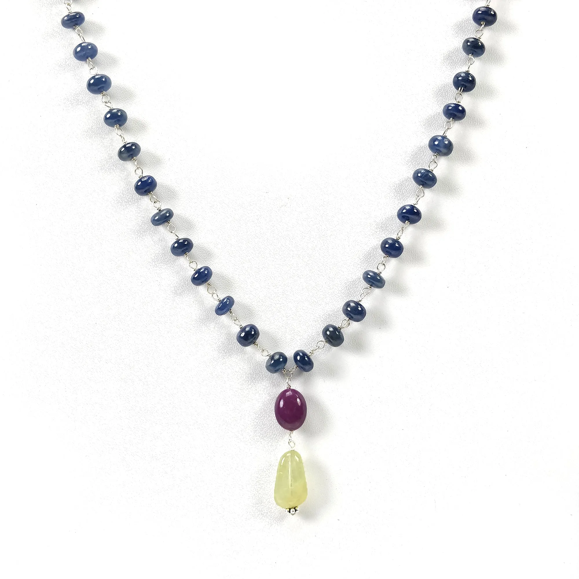 Blue SAPPHIRE RUBY & Cat's Eye Gemstone NECKLACE : 109.45cts Natural Round Plain Beads Sapphire With 925 Sterling Silver 6mm - 14*9mm 22"