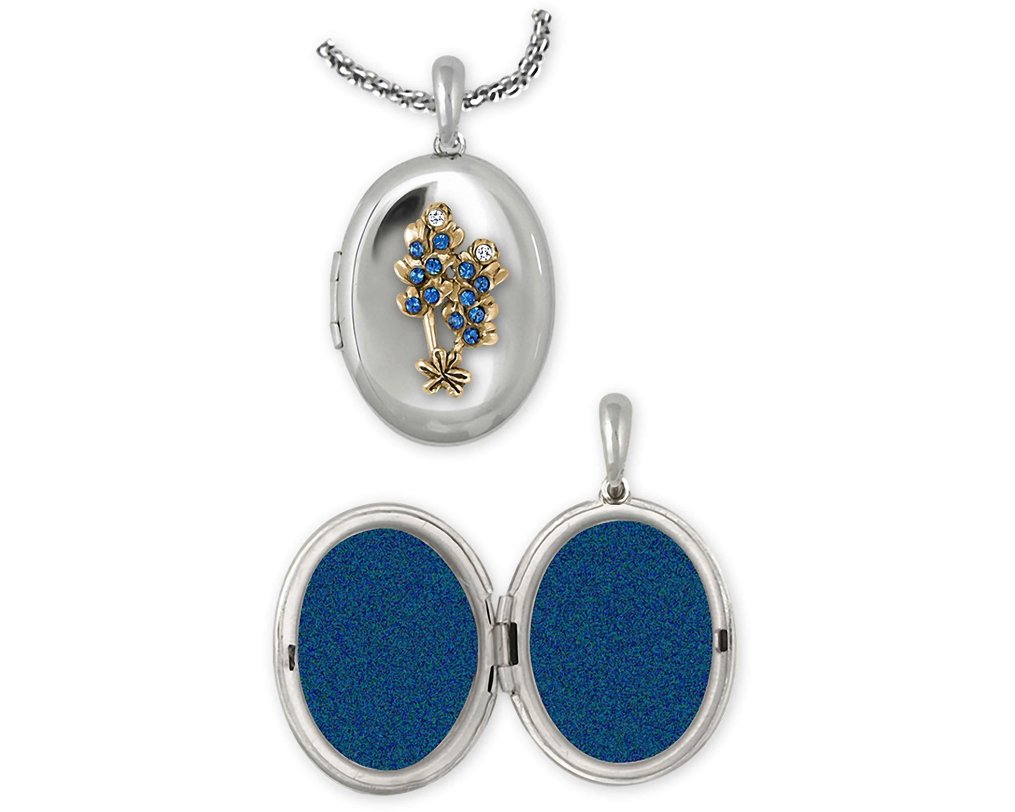 Bluebonnet Jewelry Silver And 14k Gold Handmade Bluebonnet Flower Photo Locket  BBD2X-TNV