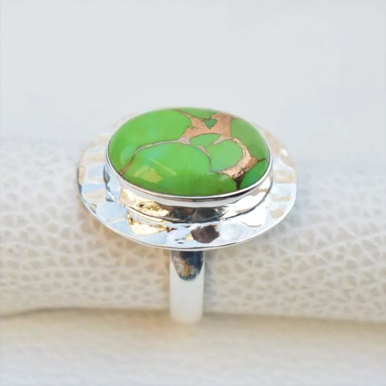 Boho Green Copper Turquoise 925 Sterling Silver Ring, Handcrafted Jewelry, Women's Gift