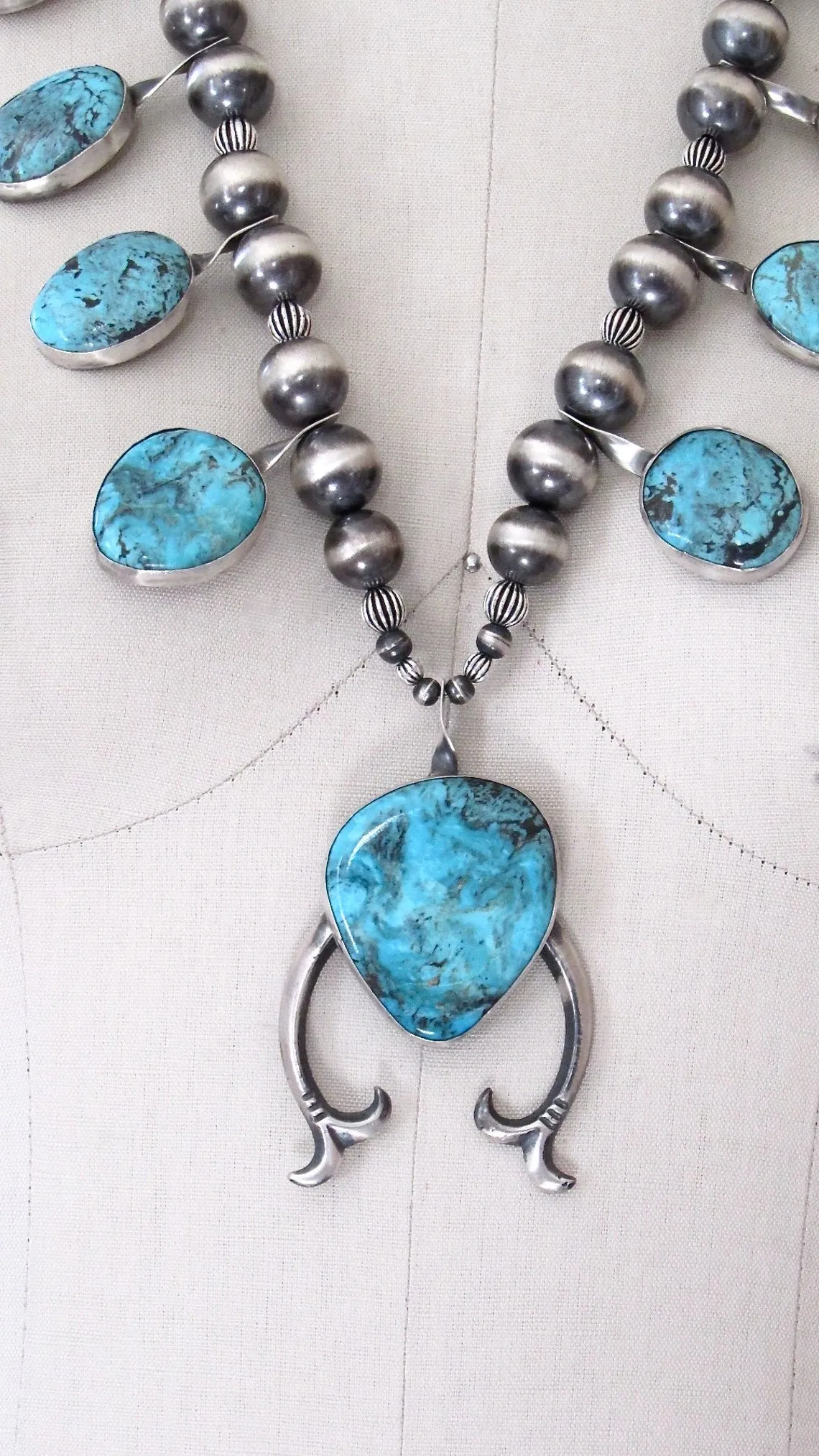 CHIMNEY BUTTE Navajo Silver and Turquoise Squash Blossom Necklace