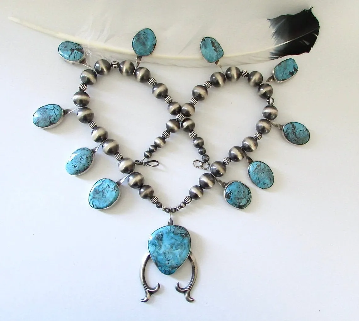 CHIMNEY BUTTE Navajo Silver and Turquoise Squash Blossom Necklace