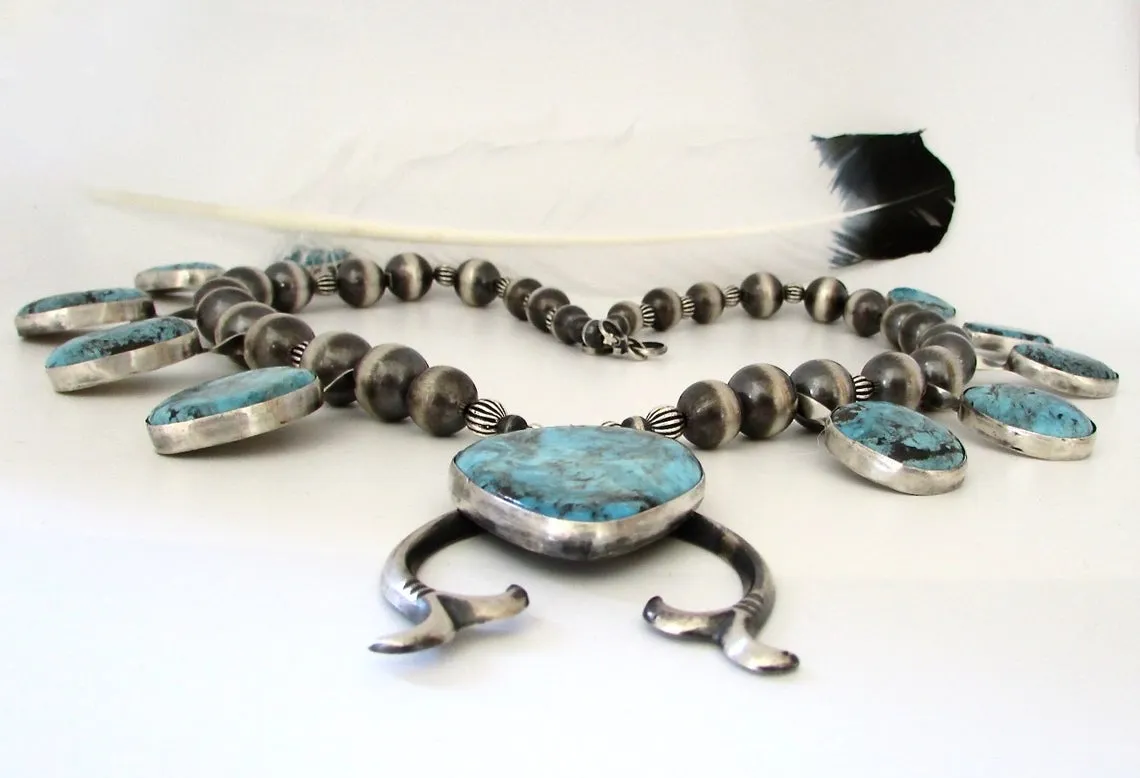 CHIMNEY BUTTE Navajo Silver and Turquoise Squash Blossom Necklace