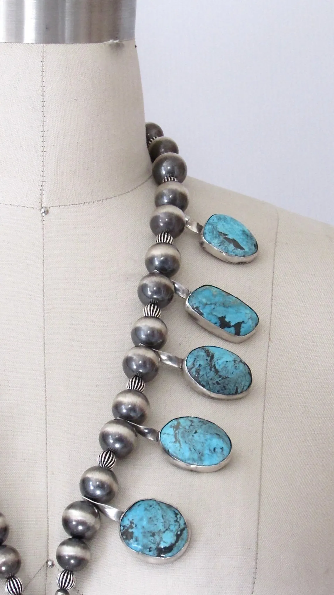 CHIMNEY BUTTE Navajo Silver and Turquoise Squash Blossom Necklace