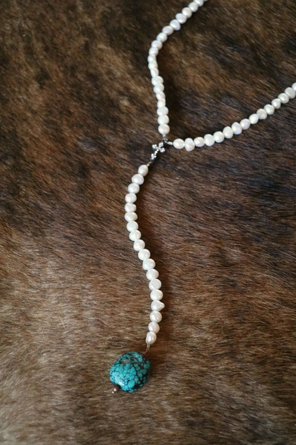 Corazon Rosary-Style Elegant Pearl and Turquoise Necklace