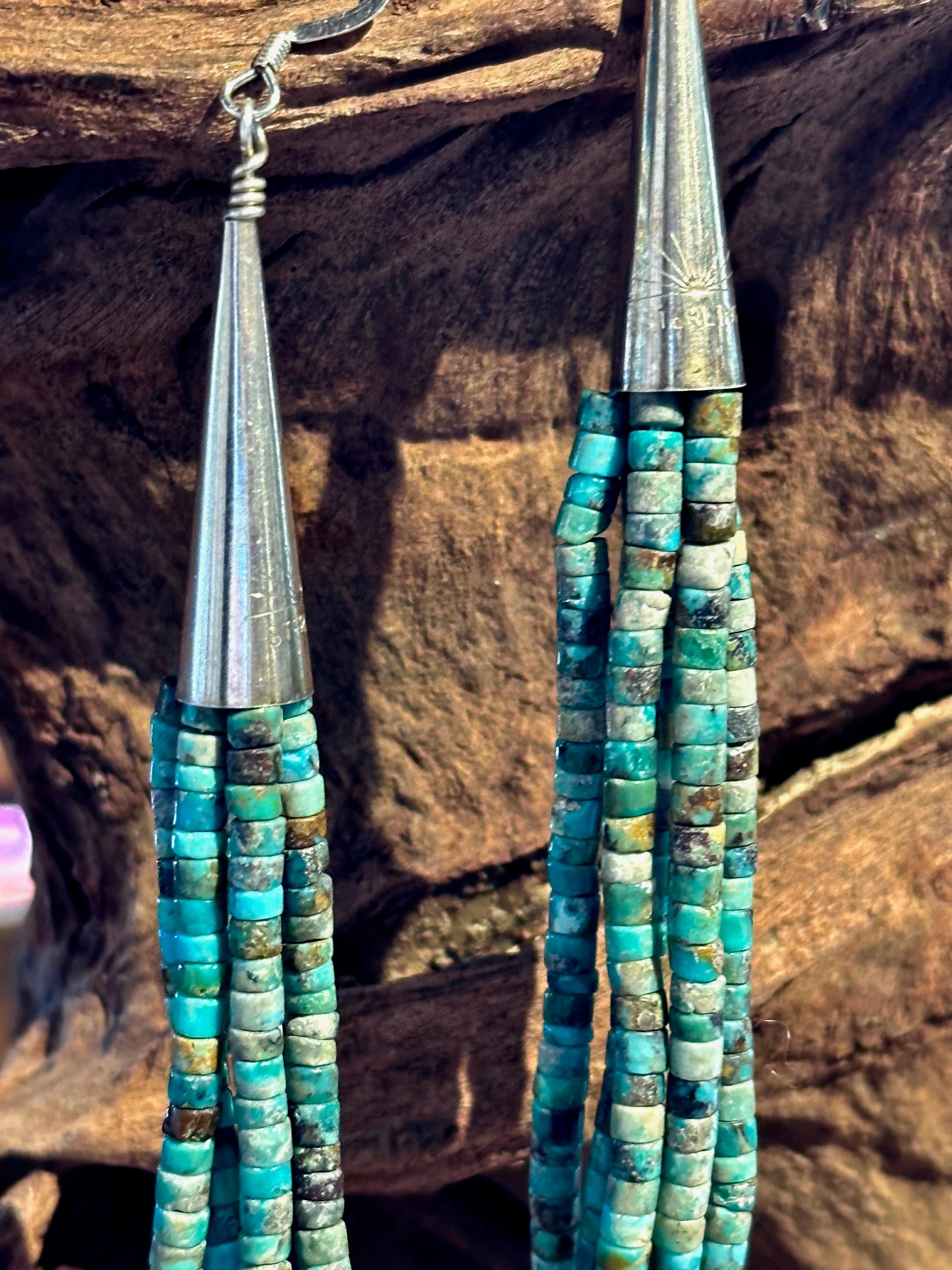 CORRAINE SMITH Navajo Kingman Turquoise Beaded Fringe Dangle Earrings