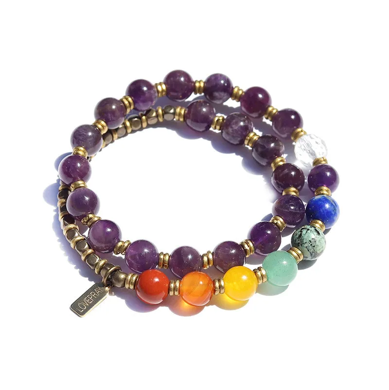 Crown Chakra, Amethyst and Chakra Gemstones 27 Bead Wrap Mala Bracelet