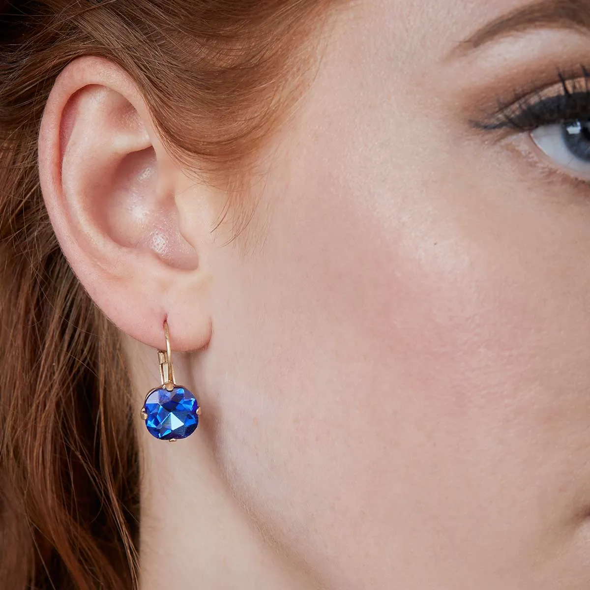 Cushion Cut Crystal Earrings: 1950s Style Sapphire Blue Cushion Cut Drop Earrings