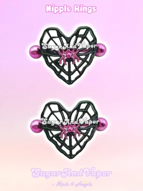 Dark Princess Spider Heart Web Nipple Rings Set