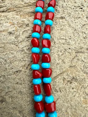 Designer Bracelet Strand, RARE Blue Ridge Turquoise (Nevada) 4mm Rondelles Natural Red Coral 4-5mm Rounded Nuggets