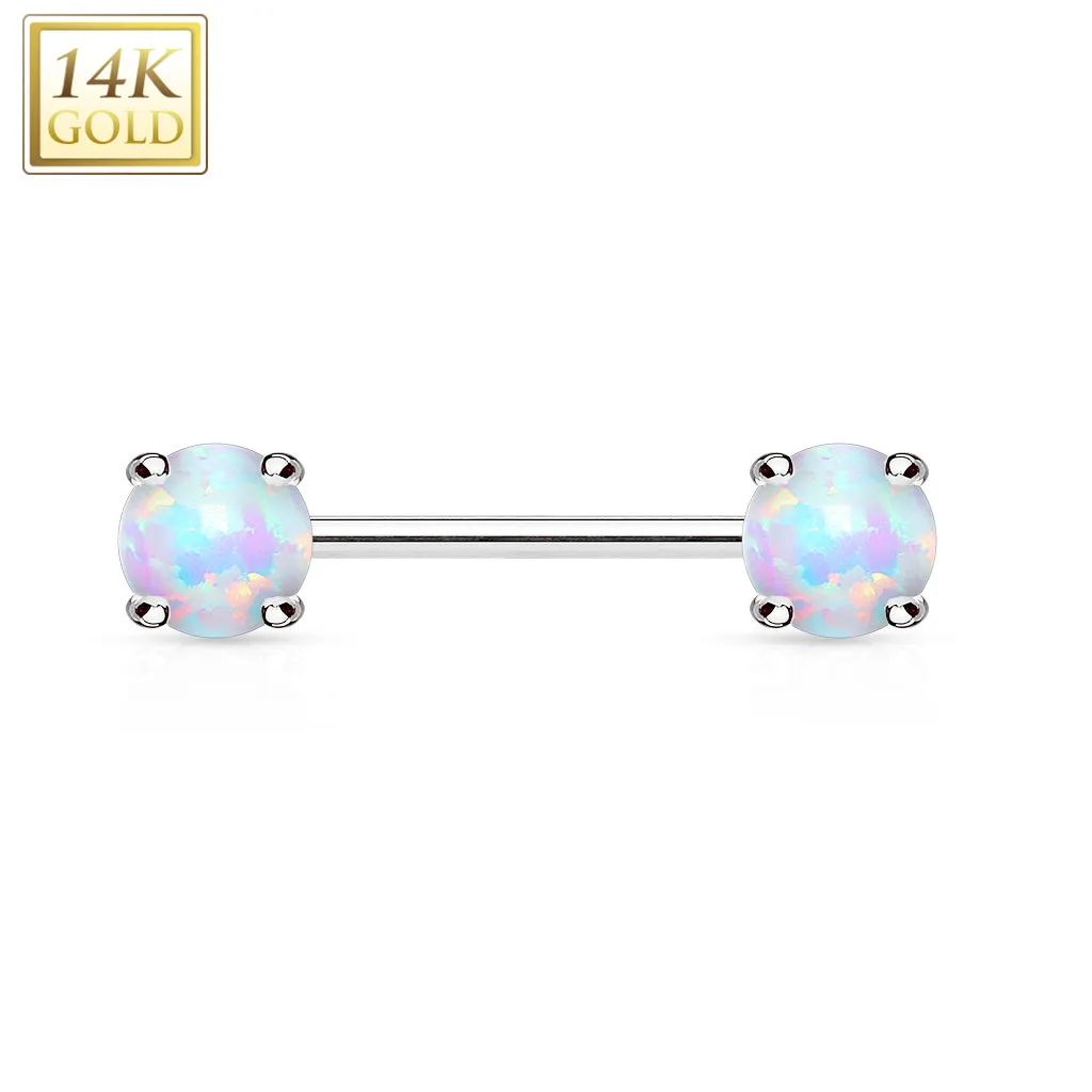 Double Prong Set Opal Stone 14K Gold Nipple Bar