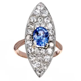 Edwardian 1.86 Carat Oval Natural Sapphire Diamond Navette Ring in 10K Rose Gold & Platinum