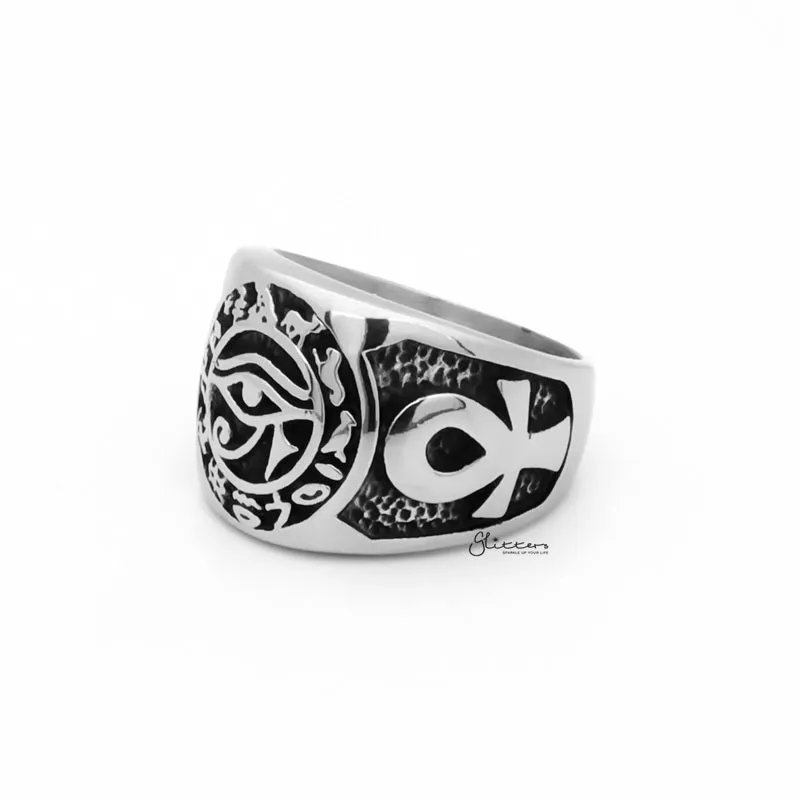 Egyptian Eye Stainless Steel Ring with Ankh Symbols