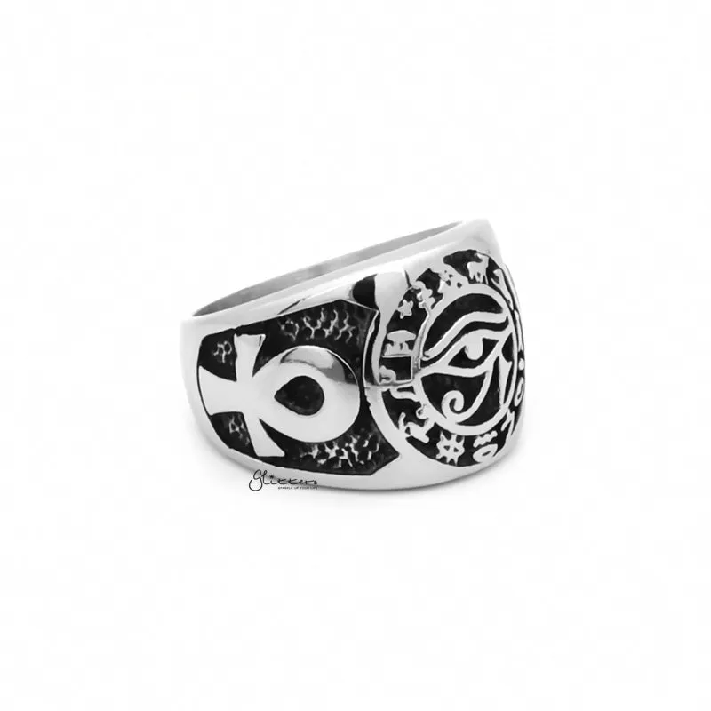 Egyptian Eye Stainless Steel Ring with Ankh Symbols