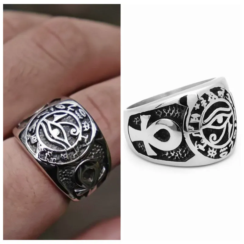 Egyptian Eye Stainless Steel Ring with Ankh Symbols