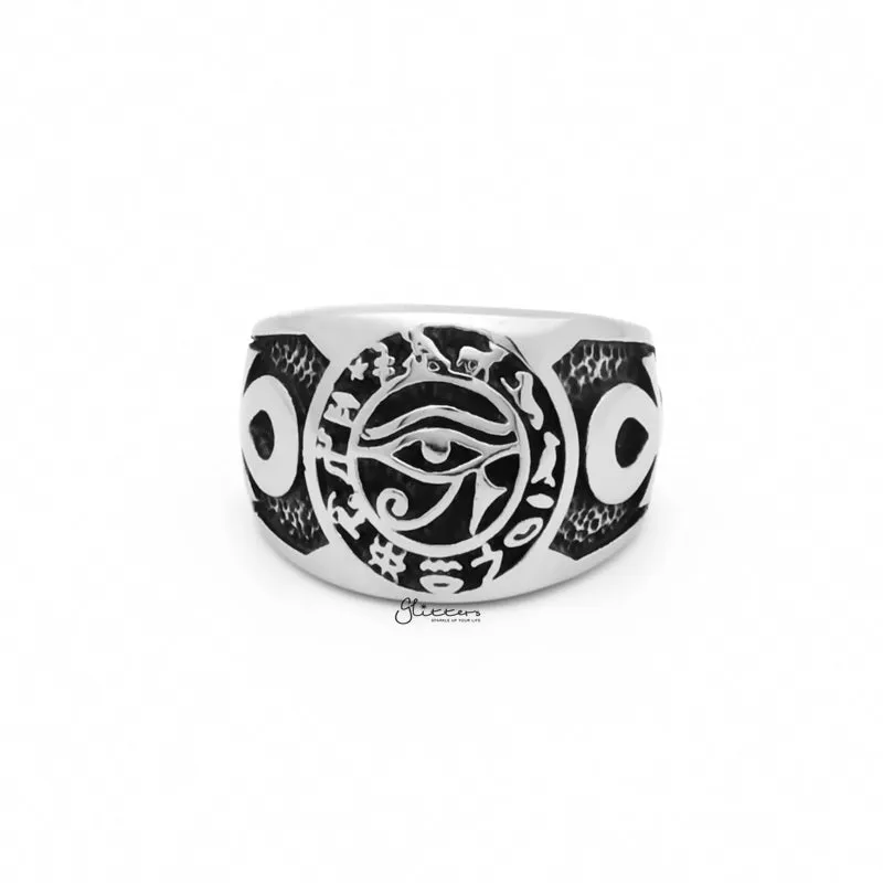 Egyptian Eye Stainless Steel Ring with Ankh Symbols