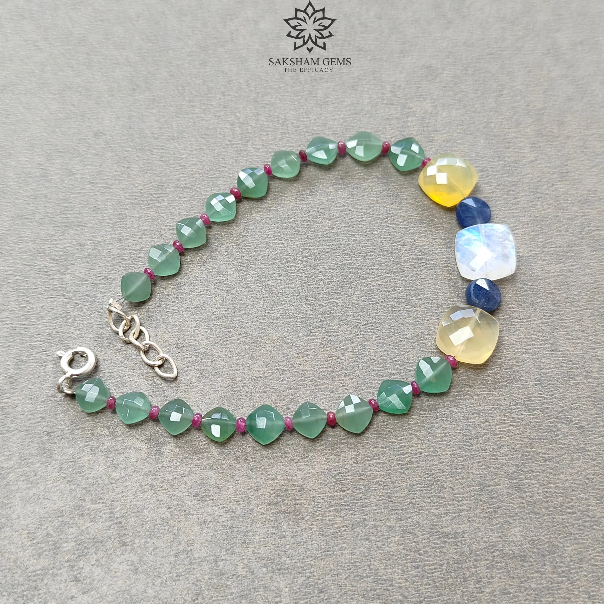 Gemstone Beads Bracelet : 5.96gms Green Quartz Yellow Opal Moonstone Sapphire & Ruby 925 Sterling Sliver Beaded Bracelet Checker Cut 8.25"