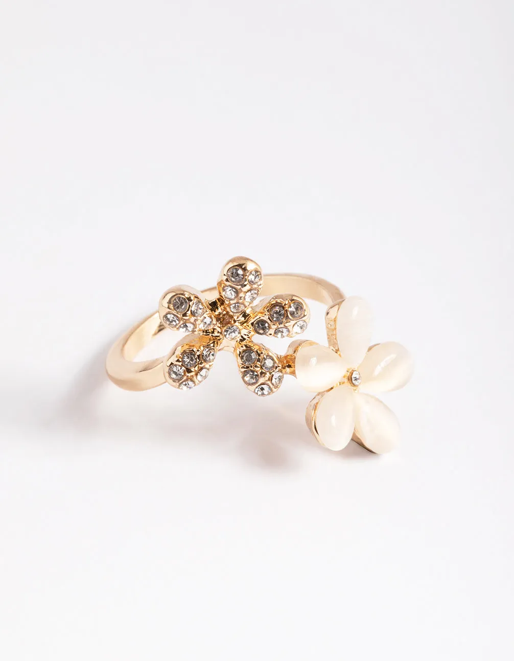 Gold Diamante & Cateye Flower Ring