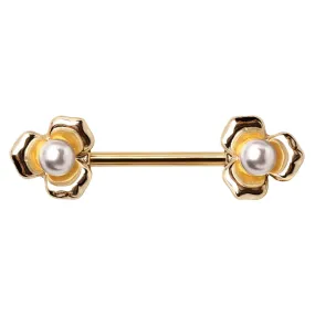 Gold Plated Pearl Accented Flower Nipple Bar