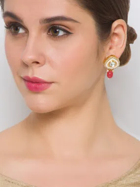 Golden and Tomato Red Kundan Polki Earrings