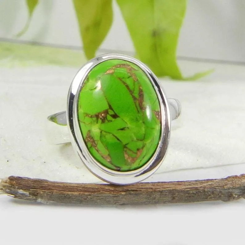 Green copper turquoise ring handmade 925 sterling silver ring natural turquoise gemstone women jewelry statement bold silver ring